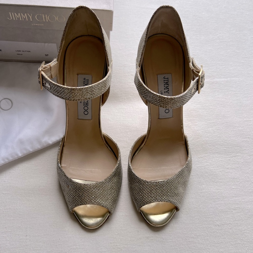Jimmy Choo Peep toe Gold Glitter Pumps Size 7